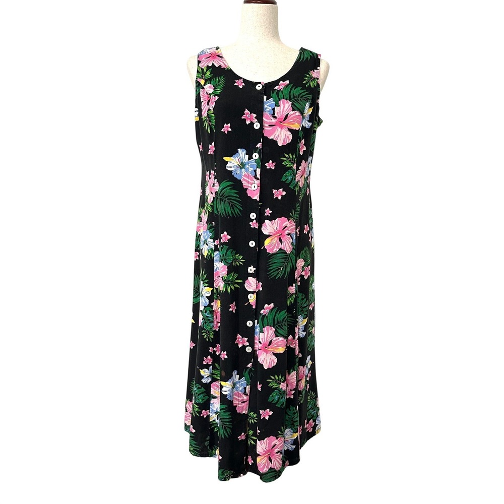 VTG 90s Koret Tropical Hibiscus Floral Midi Dress Petite M Vacation Rayon Button